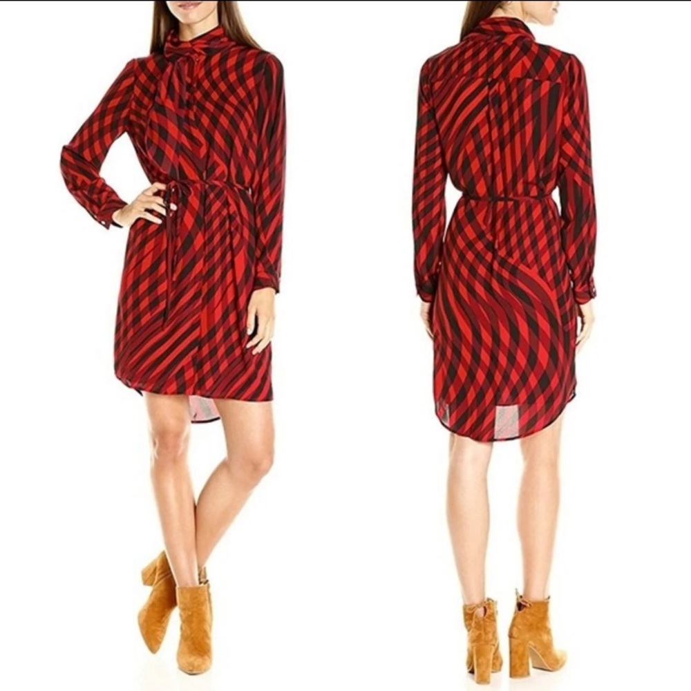 Vince Camuto Red And Black Buffalo Plaid Dress Belt and Attached Scarf
